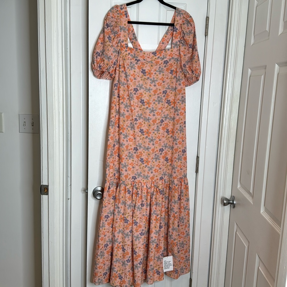 NWT. ASOS orange gingham w\ blue flower, maxi, ruffled bottom,SZ10, puff sleeves